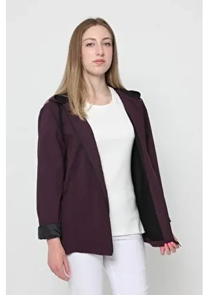 Kadın Rüzgarlık File Astarlı Yağmurluk Kapüşonlu Düz Desenli Uzun Kol