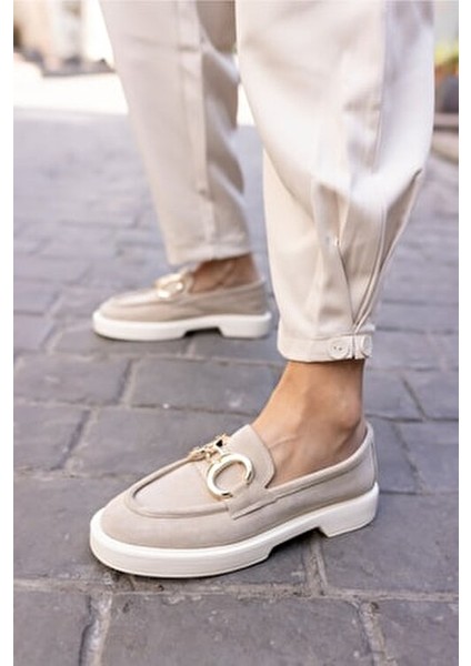 Granda Kadın Bej Suet Gerçek Deri Loafer Ayakkabı Düz Taban Bağcıksız