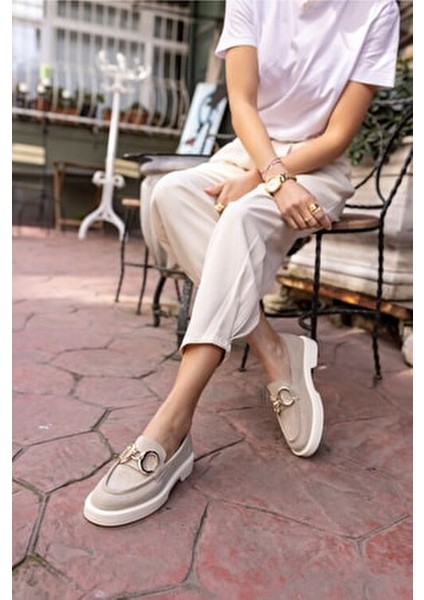 Granda Kadın Bej Suet Gerçek Deri Loafer Ayakkabı Düz Taban Bağcıksız fırsatları