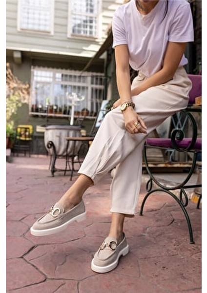 Granda Kadın Bej Suet Gerçek Deri Loafer Ayakkabı Düz Taban Bağcıksız indirimleri