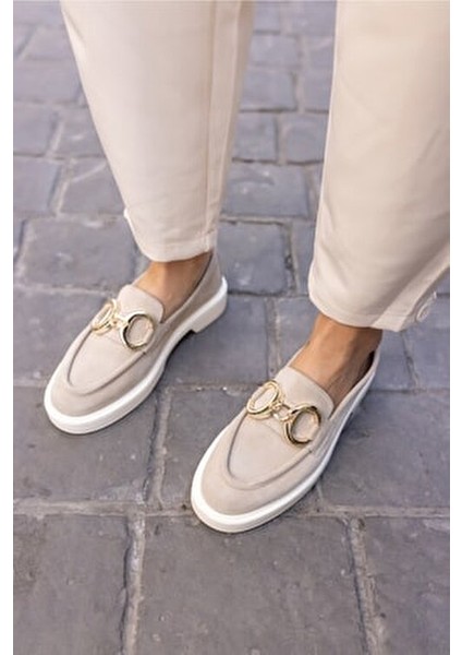 Granda Kadın Bej Suet Gerçek Deri Loafer Ayakkabı Düz Taban Bağcıksız