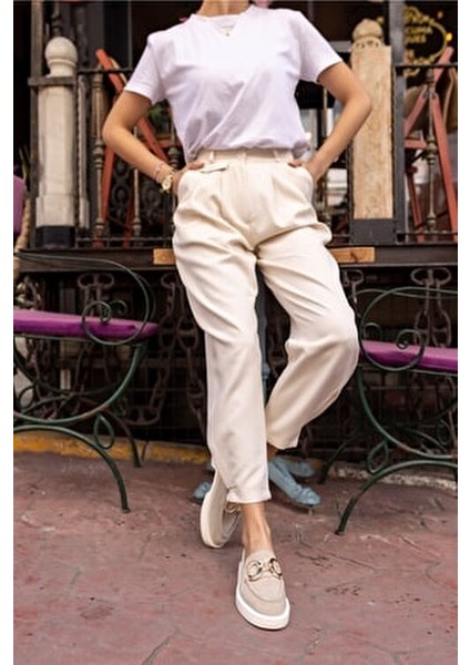 Granda Kadın Bej Suet Gerçek Deri Loafer Ayakkabı Düz Taban Bağcıksız