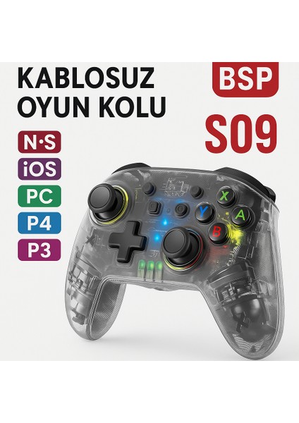 Kablosuz Oyun Kolu Pc, Ps3, Ps4, Nintendo Switch, Ios Uyumlu LED Işıklı Şeffaf Tasarım Titreşimli