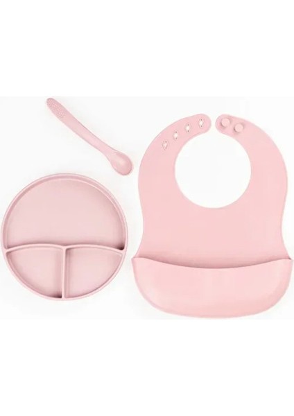 Pembe 3’lü Silikon Yemek Seti – Önlük + Diş Kaşıyıcılı Kaşık + Vakumlu Tabak