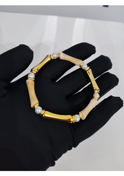 2 Renk Lastikli Bileklik Doğal Taş Görünümlü Gold Kemik