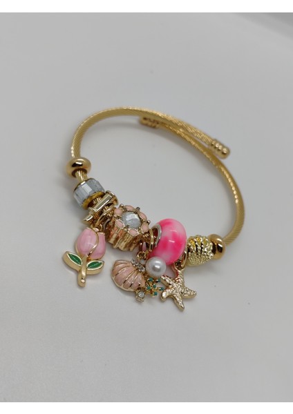 Pandora Çelik Çelik Bileklik Gold Pembe Çiçekli
