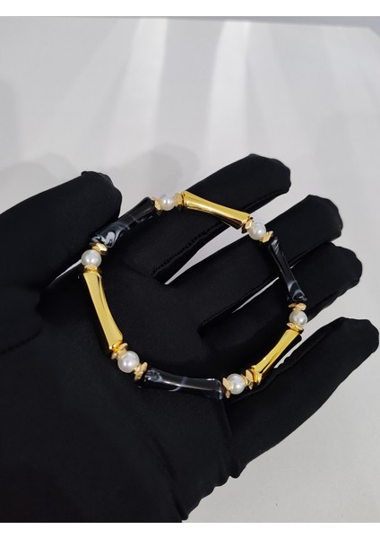 2 Renk Lastikli Bileklik Doğal Taş Görünümlü Gold Siyah