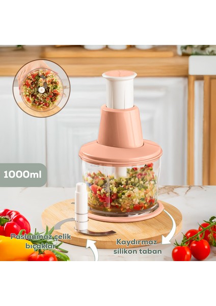 232-1 Basmalı Pratik El Rondosu 3 Bıçaklı Blender Doğrayıcı 1000ML Pembe