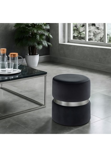 Luxery Puf - Antrasit Spor Dikişli Gümüş Detaylı Silinebilir Kadife Kumaş Modern Lüx Puf-Makyaj Pufu