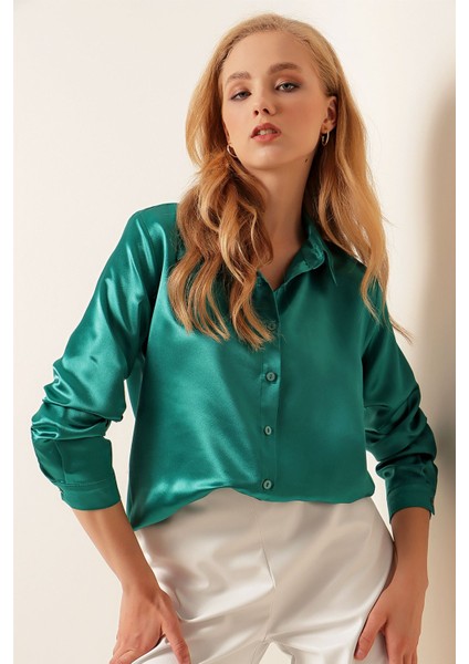 Kadın SBDART aten Kaplamalı Uzun Kollu Düğmeli Gömlek Green