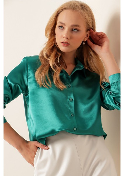Kadın SBDART aten Kaplamalı Uzun Kollu Düğmeli Gömlek Green fiyatları