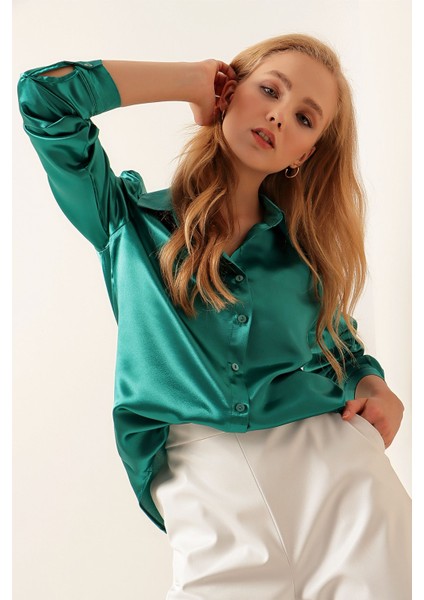 Kadın SBDART aten Kaplamalı Uzun Kollu Düğmeli Gömlek Green modelleri