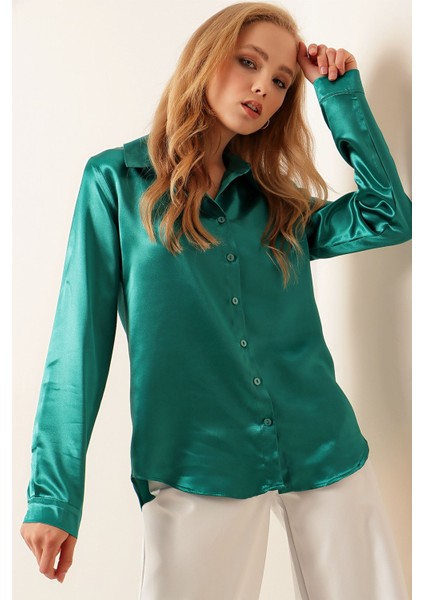 Kadın SBDART aten Kaplamalı Uzun Kollu Düğmeli Gömlek Green fırsatları