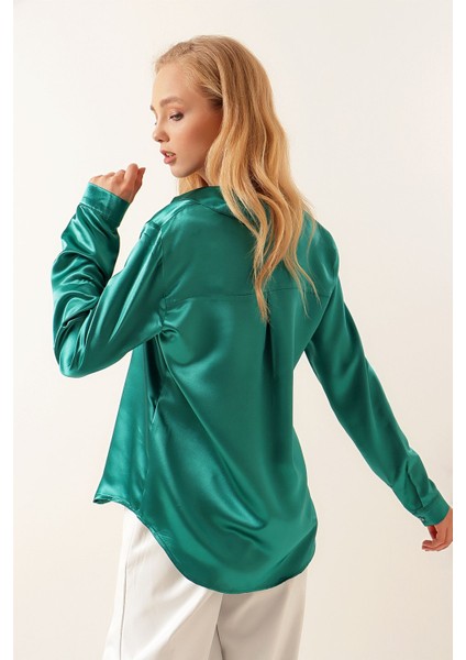 Kadın SBDART aten Kaplamalı Uzun Kollu Düğmeli Gömlek Green indirimleri