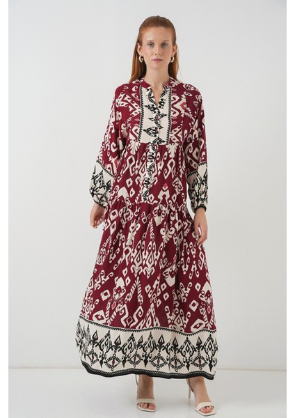 Kadın BDART Düğmeli V-Yaka Desenli Maxi Elbise Mor