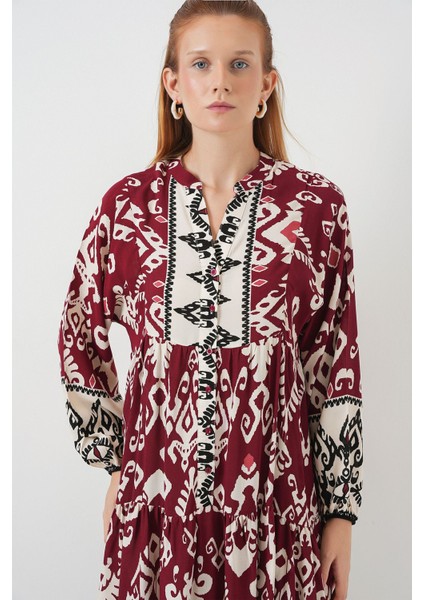 Kadın BDART Düğmeli V-Yaka Desenli Maxi Elbise Mor fiyatları