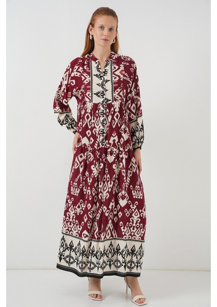 Kadın BDART Düğmeli V-Yaka Desenli Maxi Elbise Mor modelleri