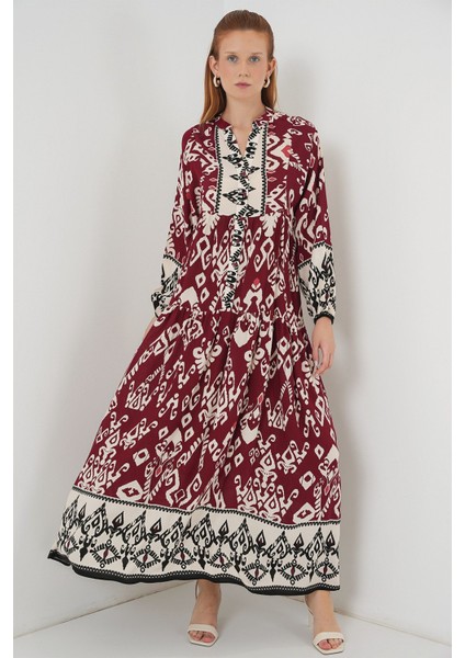 Kadın BDART Düğmeli V-Yaka Desenli Maxi Elbise Mor fırsatları