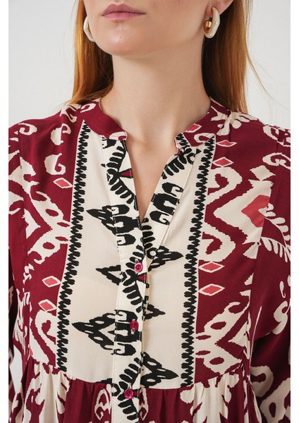 Kadın BDART Düğmeli V-Yaka Desenli Maxi Elbise Mor indirimleri