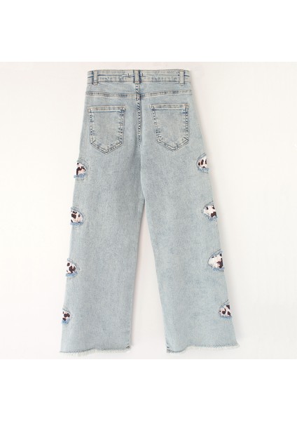 Leopar Kumaş Garnili Destroyed Bol Paça Kız Çocuk Jean Pantolon Buz Mavi Renk Kız Wide Leg Kot Pantolon 001-0002066 fiyatları
