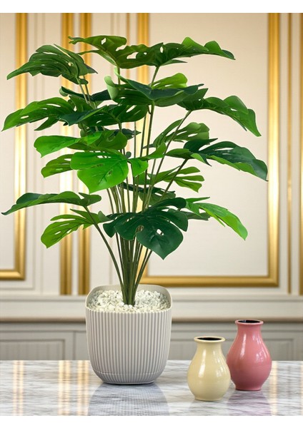 Yapay Ağaç Monstera Deve Tabanı Bitkisi 24 Yaprak 80 cm Plastik Saksıda Yapay Salon Çiçeği Hediyelik