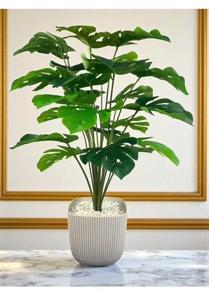 Yapay Ağaç Monstera Deve Tabanı Bitkisi 24 Yaprak 80 cm Plastik Saksıda Yapay Salon Çiçeği Hediyelik