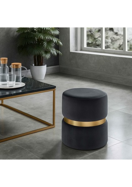 Luxery Puf - Antrasit Spor Dikişli Gold Detaylı Silinebilir Kadife Kumaş Modern Lüx Puf-Makyaj Pufu
