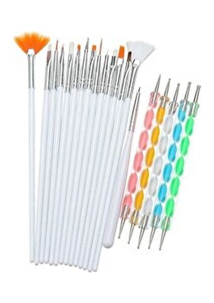Beyaz Nail Art Tırnak Süsleme Fırça ve Dot Kalem Seti 20 Parça Profesyonel Kalite