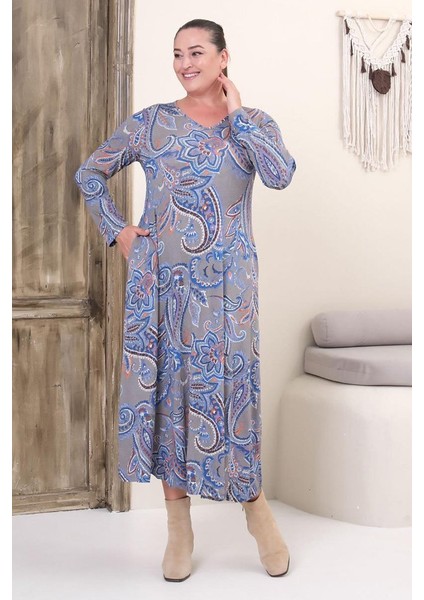 Büyük Beden Tam Boy V Yaka Desenli Viskon Likralı Uzun Kol Elbise