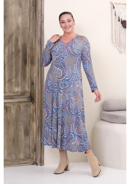 Büyük Beden Tam Boy V Yaka Desenli Viskon Likralı Uzun Kol Elbise fırsatları