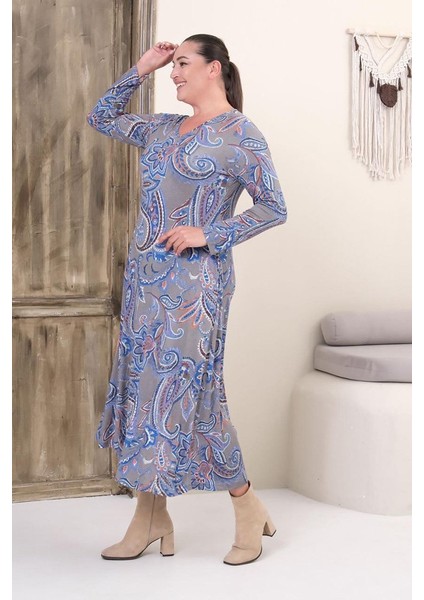 Büyük Beden Tam Boy V Yaka Desenli Viskon Likralı Uzun Kol Elbise indirimleri