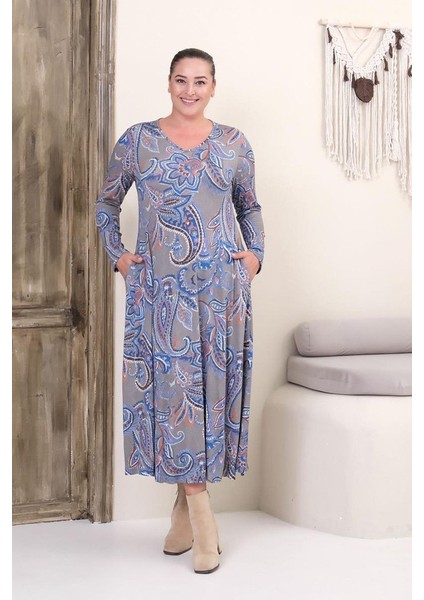 Büyük Beden Tam Boy V Yaka Desenli Viskon Likralı Uzun Kol Elbise fiyatları