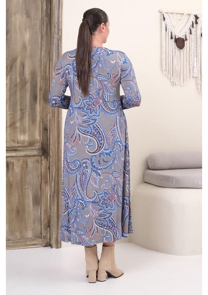 Büyük Beden Tam Boy V Yaka Desenli Viskon Likralı Uzun Kol Elbise modelleri