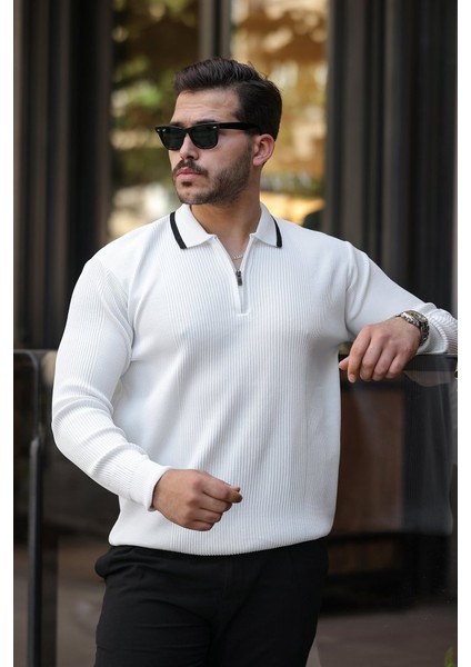 Erkek Yakaları Çizgi Detaylı Selanik Örme Triko