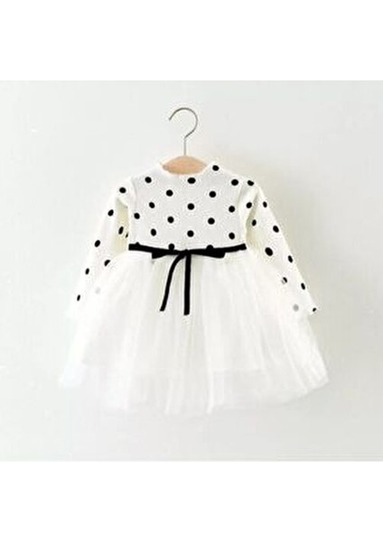 Linda Kız Bebek Çocuk Prenses Kabarık Tütü Elbise Uzun Kol Puantiyeli Esnek Likralı Tüllü Beyaz Elbise Yılbaşı Hediyesi fiyatları
