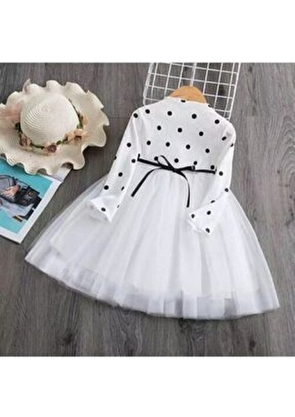 Linda Kız Bebek Çocuk Prenses Kabarık Tütü Elbise Uzun Kol Puantiyeli Esnek Likralı Tüllü Beyaz Elbise Yılbaşı Hediyesi modelleri