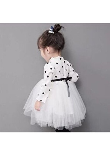 Linda Kız Bebek Çocuk Prenses Kabarık Tütü Elbise Uzun Kol Puantiyeli Esnek Likralı Tüllü Beyaz Elbise Yılbaşı Hediyesi indirimleri