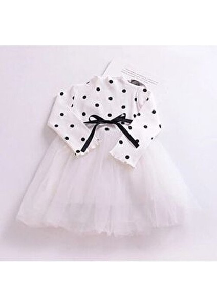 Linda Kız Bebek Çocuk Prenses Kabarık Tütü Elbise Uzun Kol Puantiyeli Esnek Likralı Tüllü Beyaz Elbise Yılbaşı Hediyesi