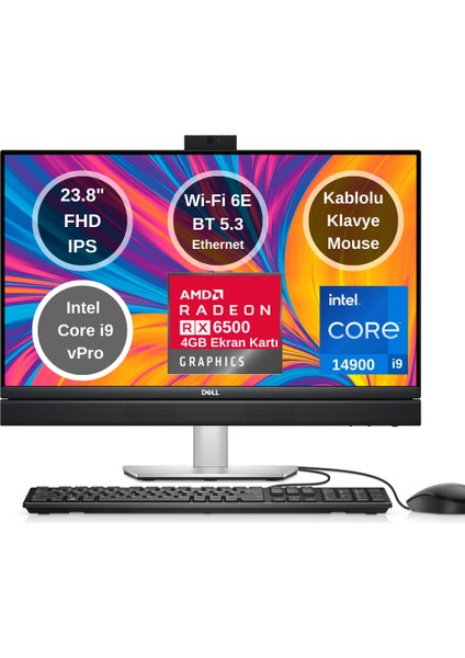 Optiplex 7420 Intel Core I9 14900 Vpro 16GB 1tb 4gb RX6500 Ekran Kartı 23.8" Fhd Windows 11 Pro All In One Bilgisayar