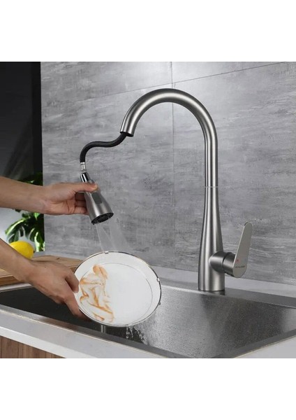 Spiralli Eviye Bataryası Pull Down 3 Fonksiyonlu Fırçalanmış Nikel KTE125-BR indirimleri