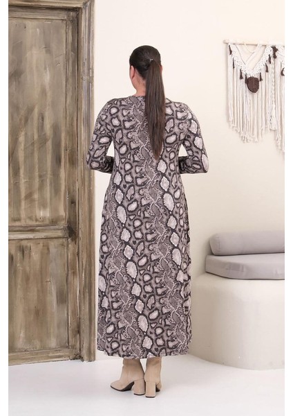 Büyük Beden Tam Boy V Yaka Desenli Viskon Likralı Uzun Kol Elbise fiyatları