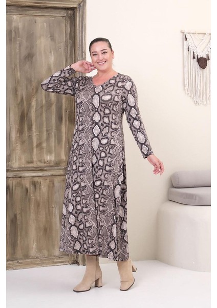 Büyük Beden Tam Boy V Yaka Desenli Viskon Likralı Uzun Kol Elbise modelleri