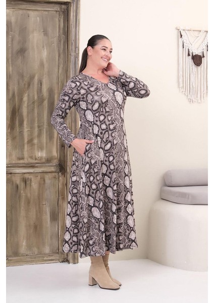 Büyük Beden Tam Boy V Yaka Desenli Viskon Likralı Uzun Kol Elbise indirimleri