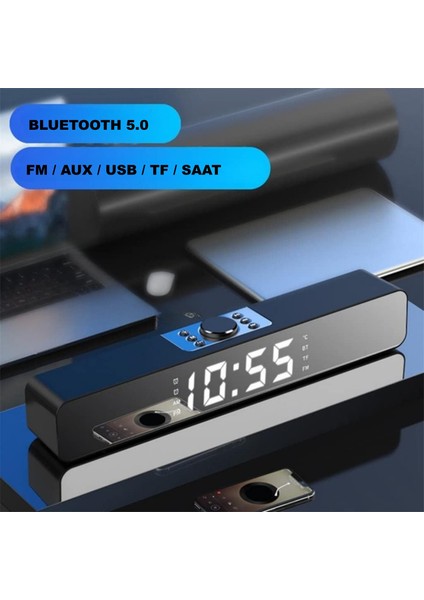 Bluetooth Hoparlör Şarjlı Yatay Ses Sistemi LED Ekran Fm Çalar Saat Sıcaklık Pc USB Aux Tf Kart
