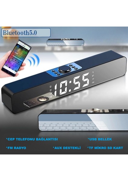 Bluetooth Hoparlör Şarjlı Yatay Ses Sistemi LED Ekran Fm Çalar Saat Sıcaklık Pc USB Aux Tf Kart modelleri