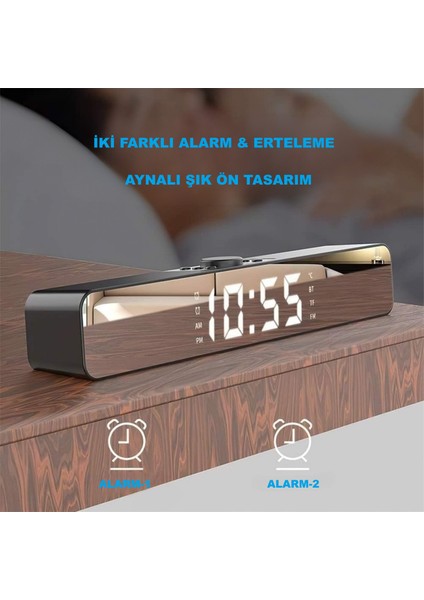 Bluetooth Hoparlör Şarjlı Yatay Ses Sistemi LED Ekran Fm Çalar Saat Sıcaklık Pc USB Aux Tf Kart indirimleri