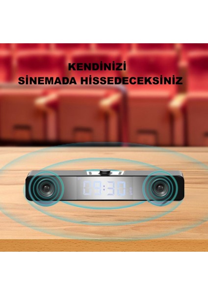 Bluetooth Hoparlör Şarjlı Yatay Ses Sistemi LED Ekran Fm Çalar Saat Sıcaklık Pc USB Aux Tf Kart