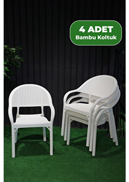 Bambu Rattan Kollu Koltuk 4 Adet Beyaz