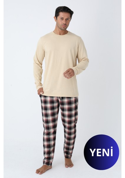 Erkek Bisiklet Yaka Ekose Pijama Takımı – Cep Detaylı, Kordonlu, Gri Melanj / Bej / Beyaz