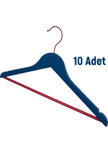 Renkli Ahşap Elbise Askısı, Gömlek Askısı, Elbise Askısı, Lastikli Barlı, Mavi 10 Adet